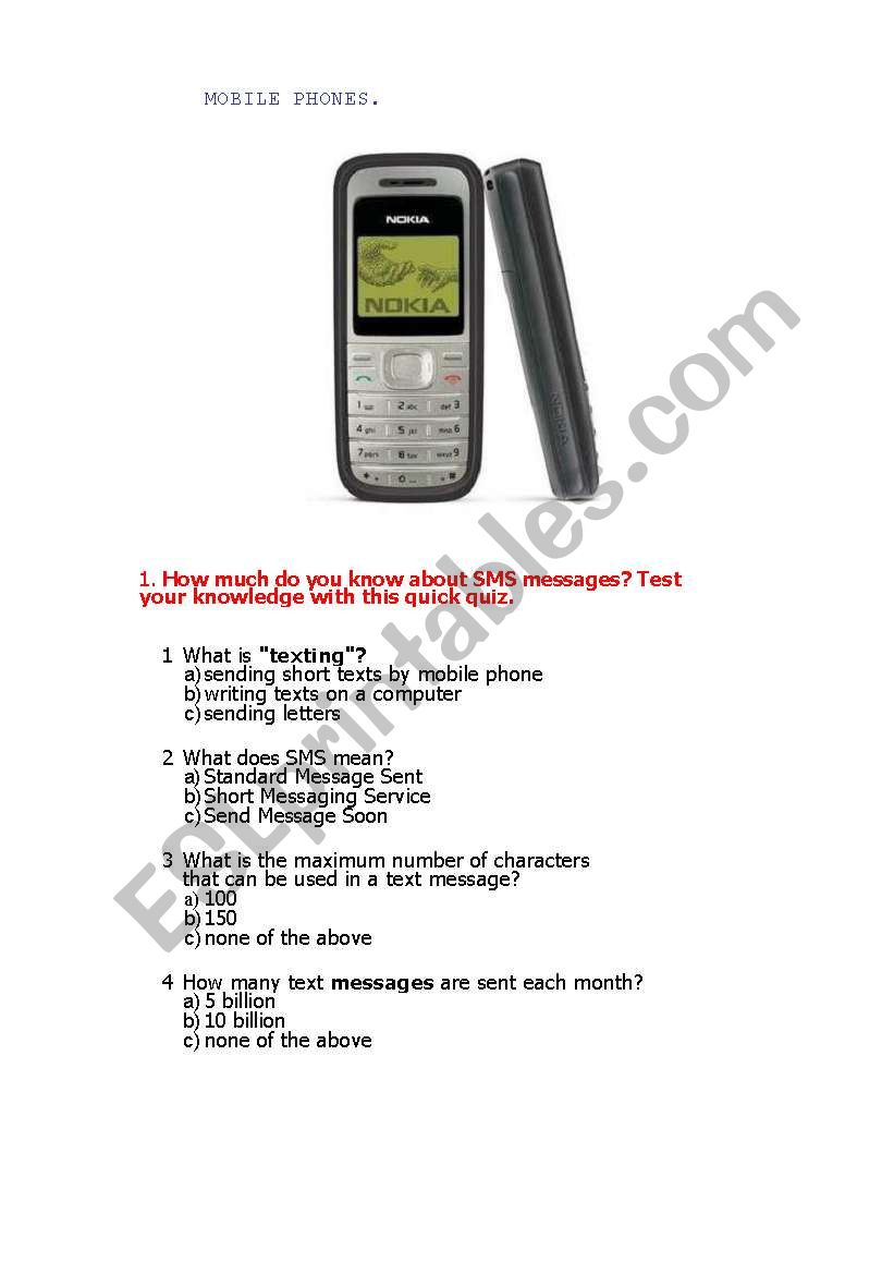 Mobile phones worksheet