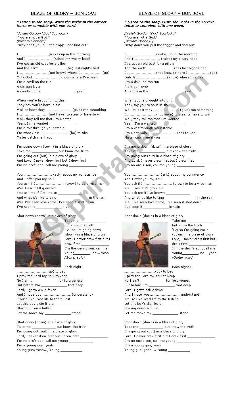 blaze of glory jon bon jovi worksheet