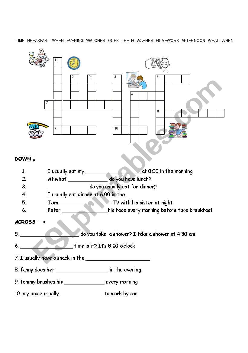 crossword daily routine worksheet