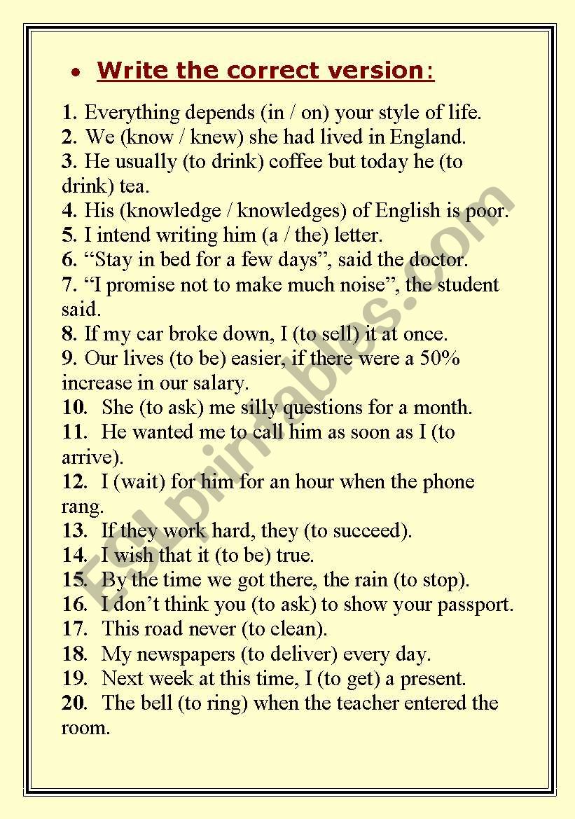 Mixed test worksheet