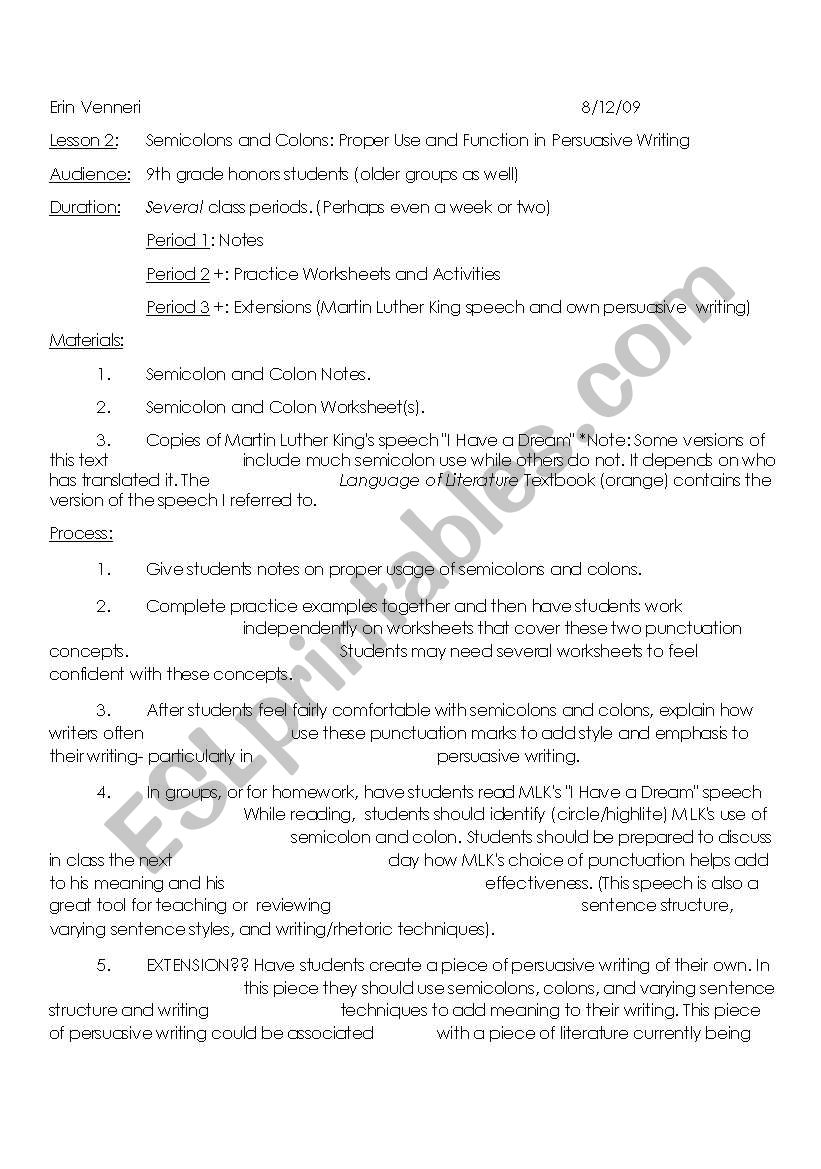 Semicolon and Colon Notes, Practice and Extensions - ESL worksheet by