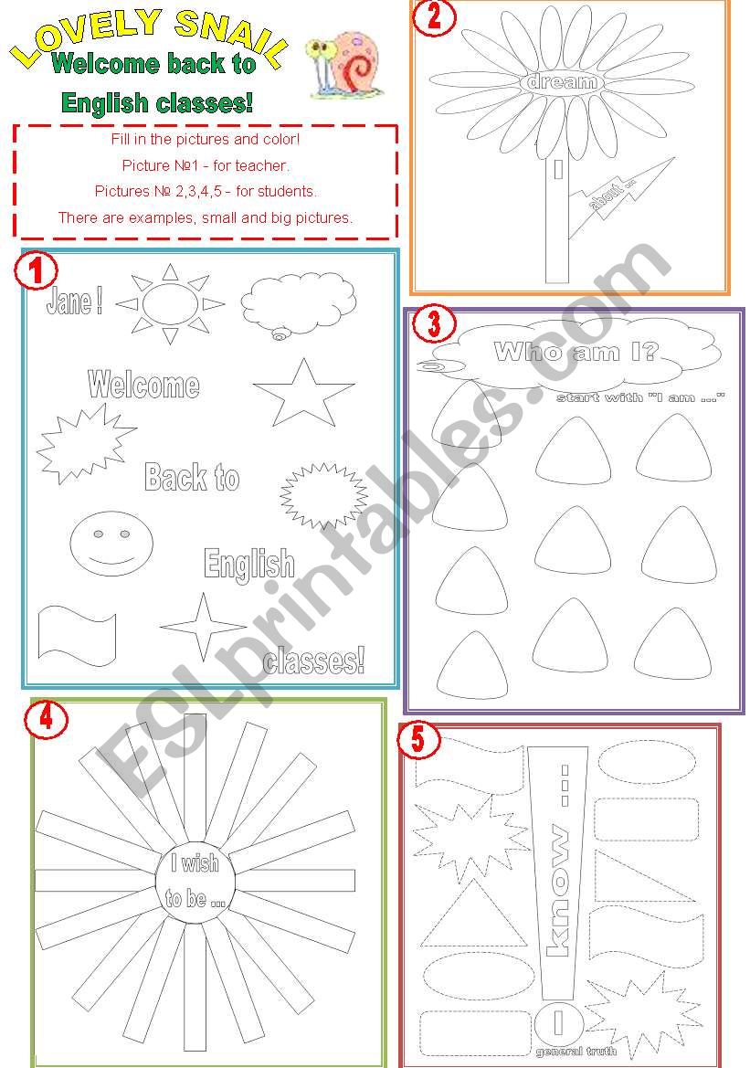 LOVELY SNAIL   Welcome back to English classes. The first lesson. 5 big pictures.