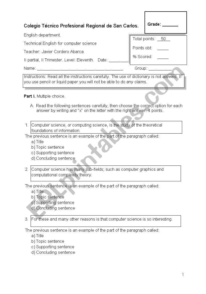 Types of sentences, parts of the paragraph exam