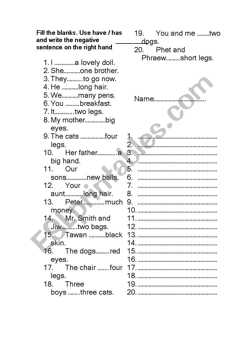 Have or Has worksheet