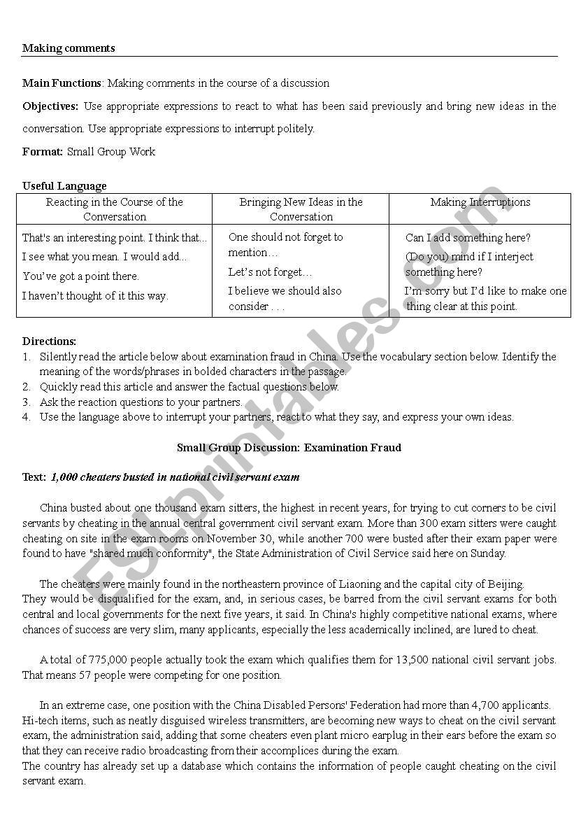 Making comments worksheet