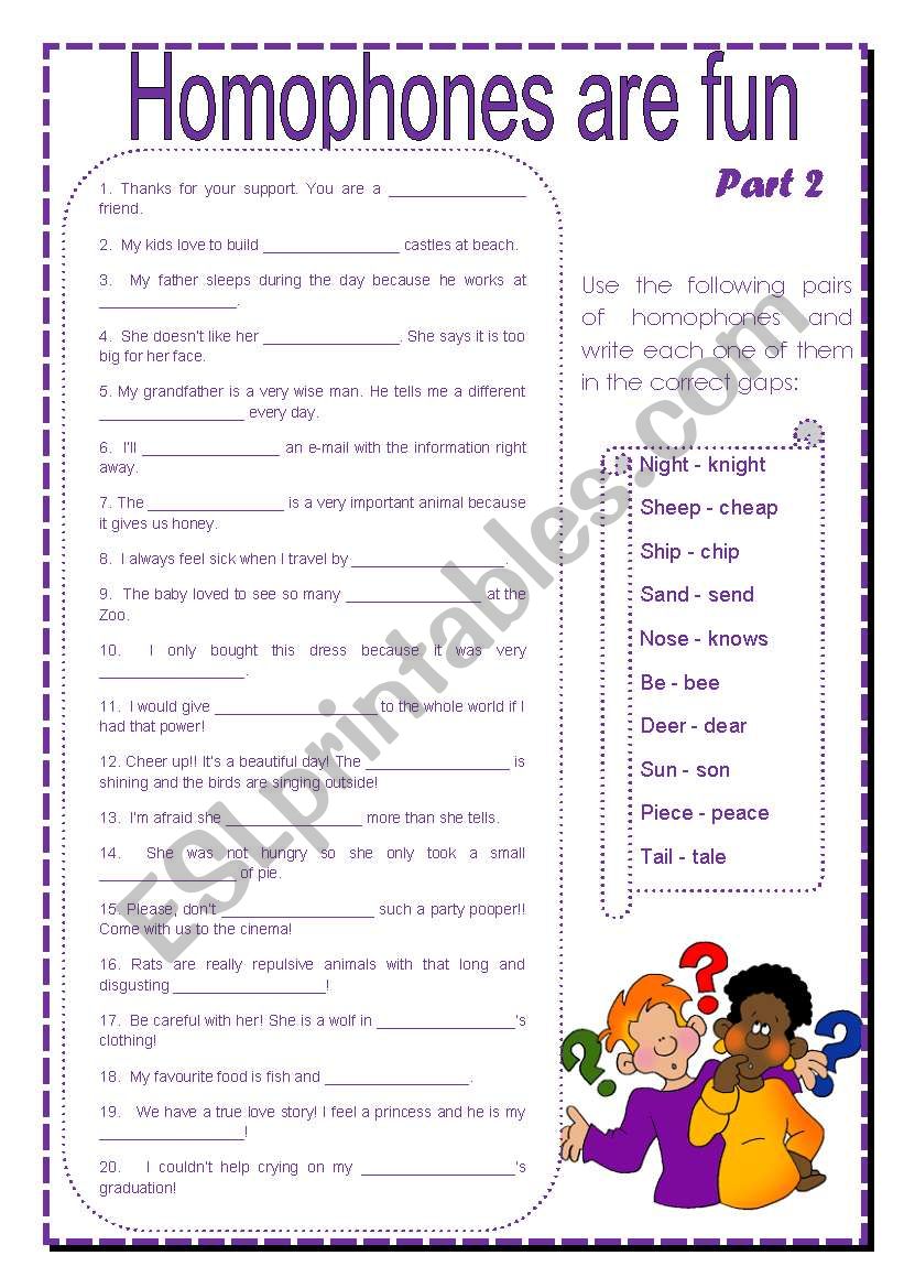 Homophones -part 2 (with key) worksheet