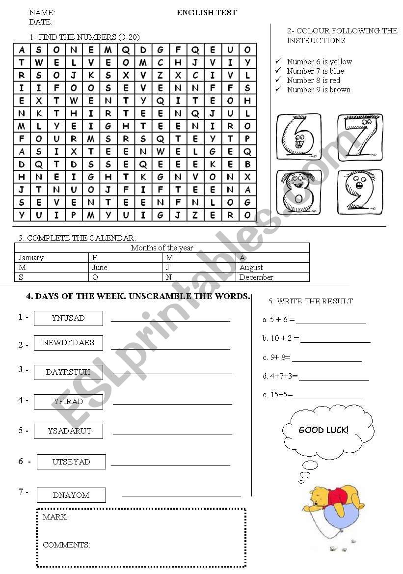 revise colours, numbers 1-20, days and months