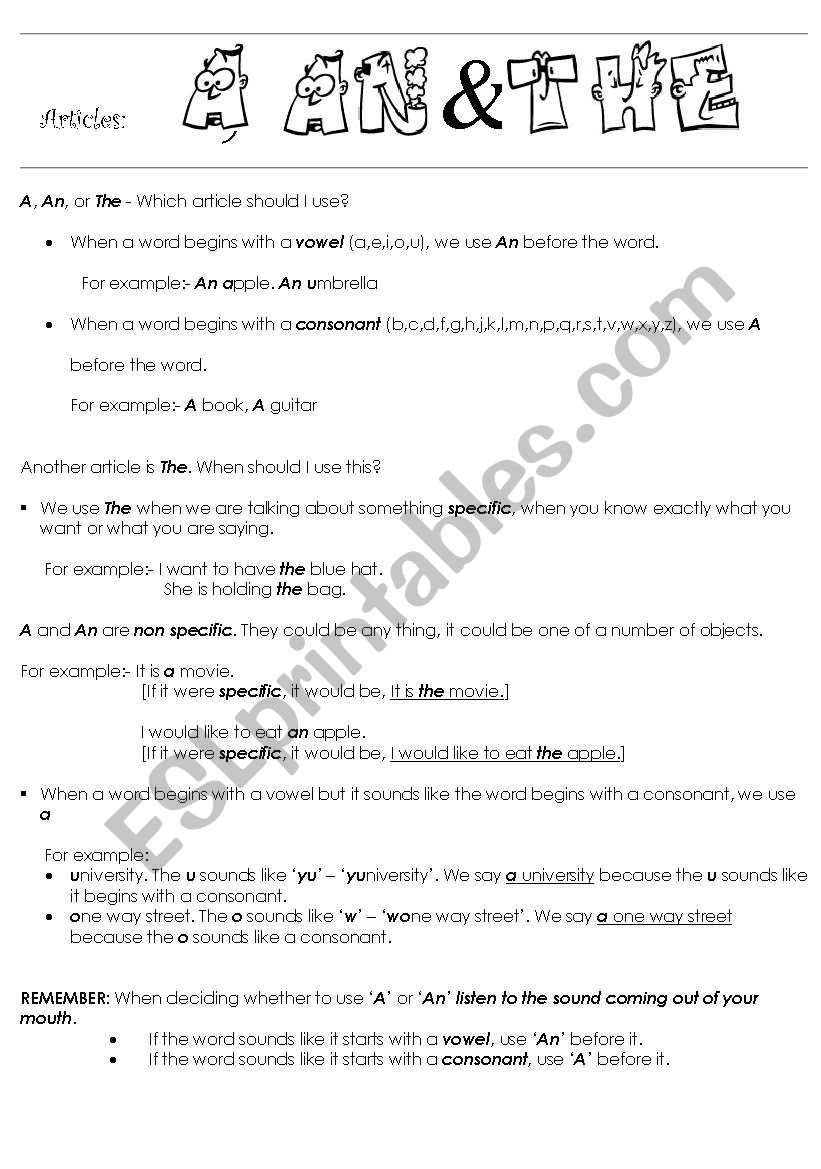 Articles A, An & The worksheet