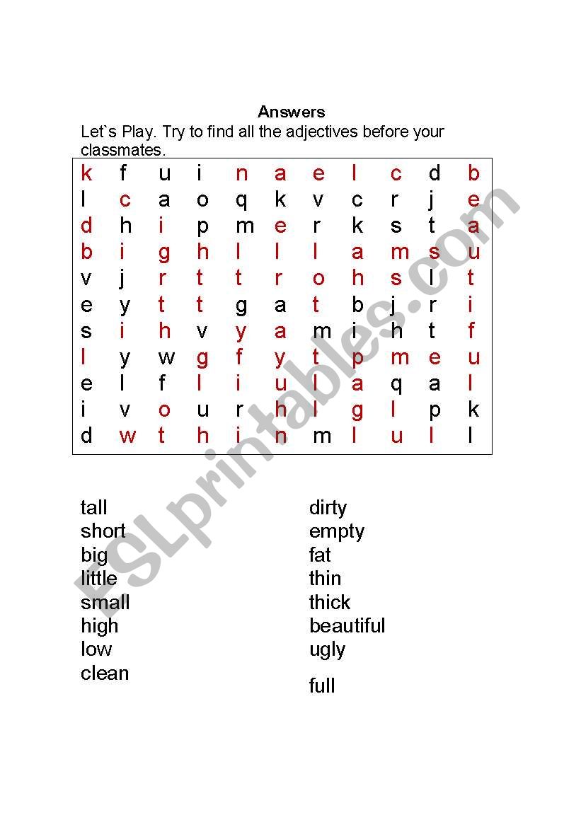 Adjectives word search worksheet