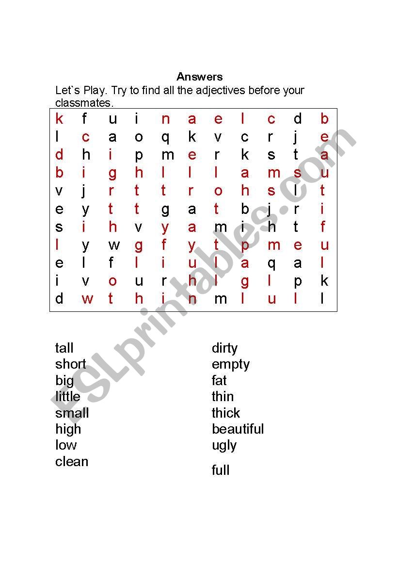 English Worksheets Adjectives Word Search