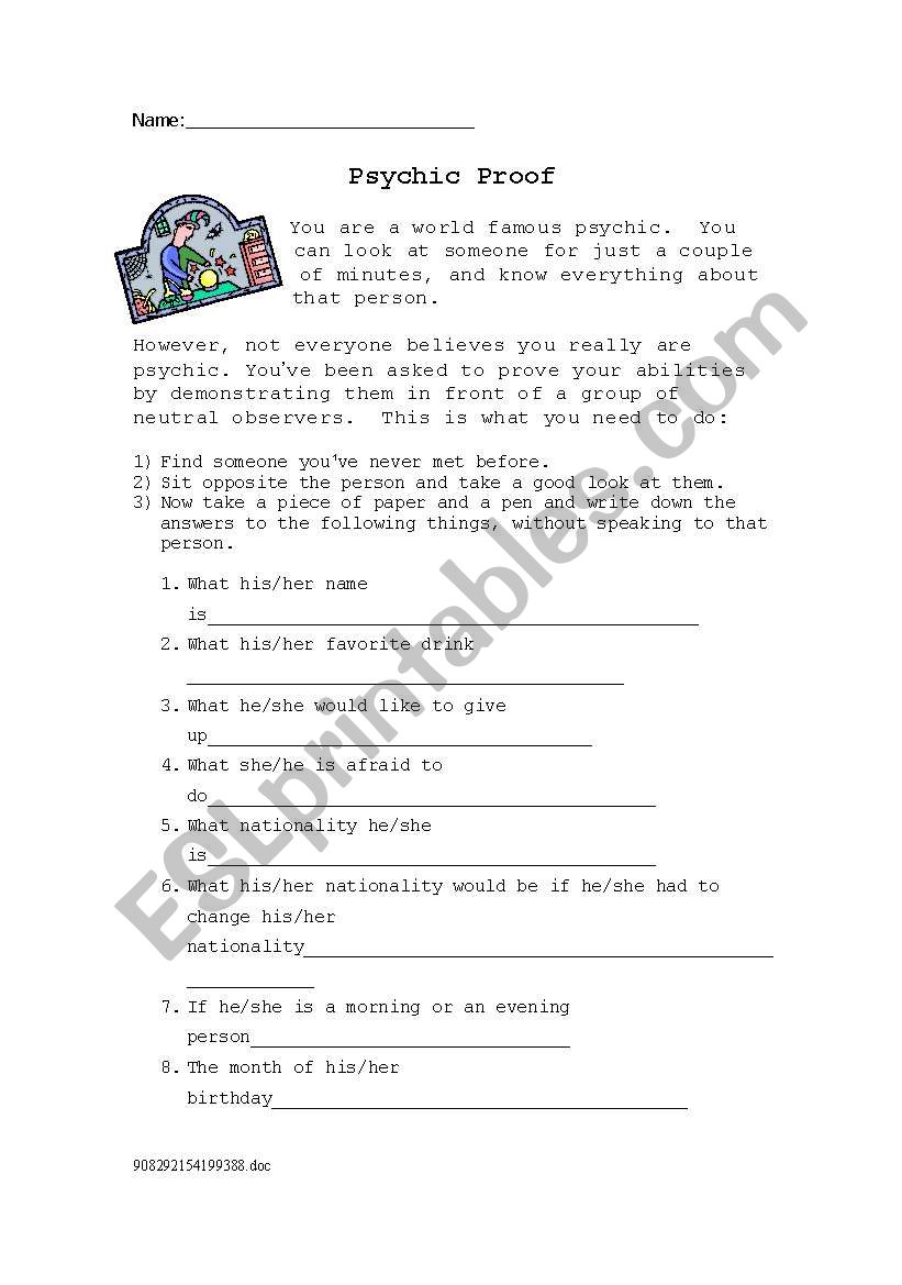 Psychic Proof Icebreaker worksheet