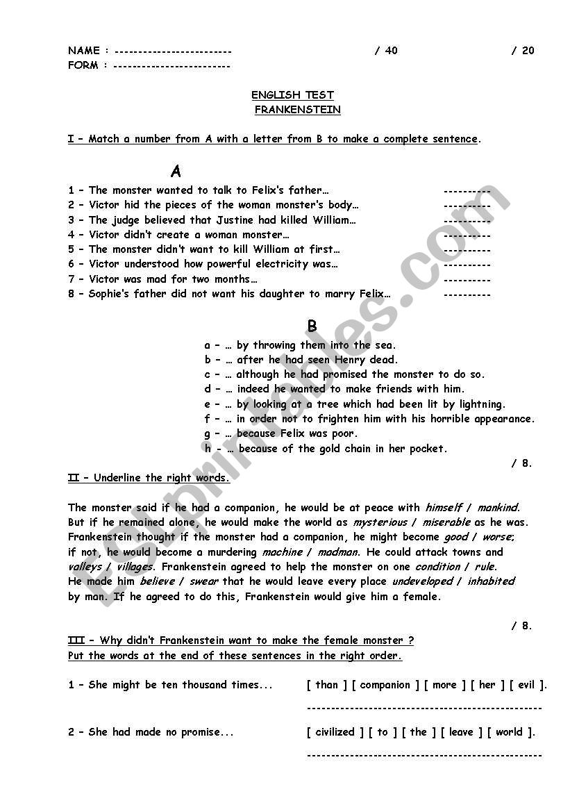 Frankenstein - Reading test worksheet