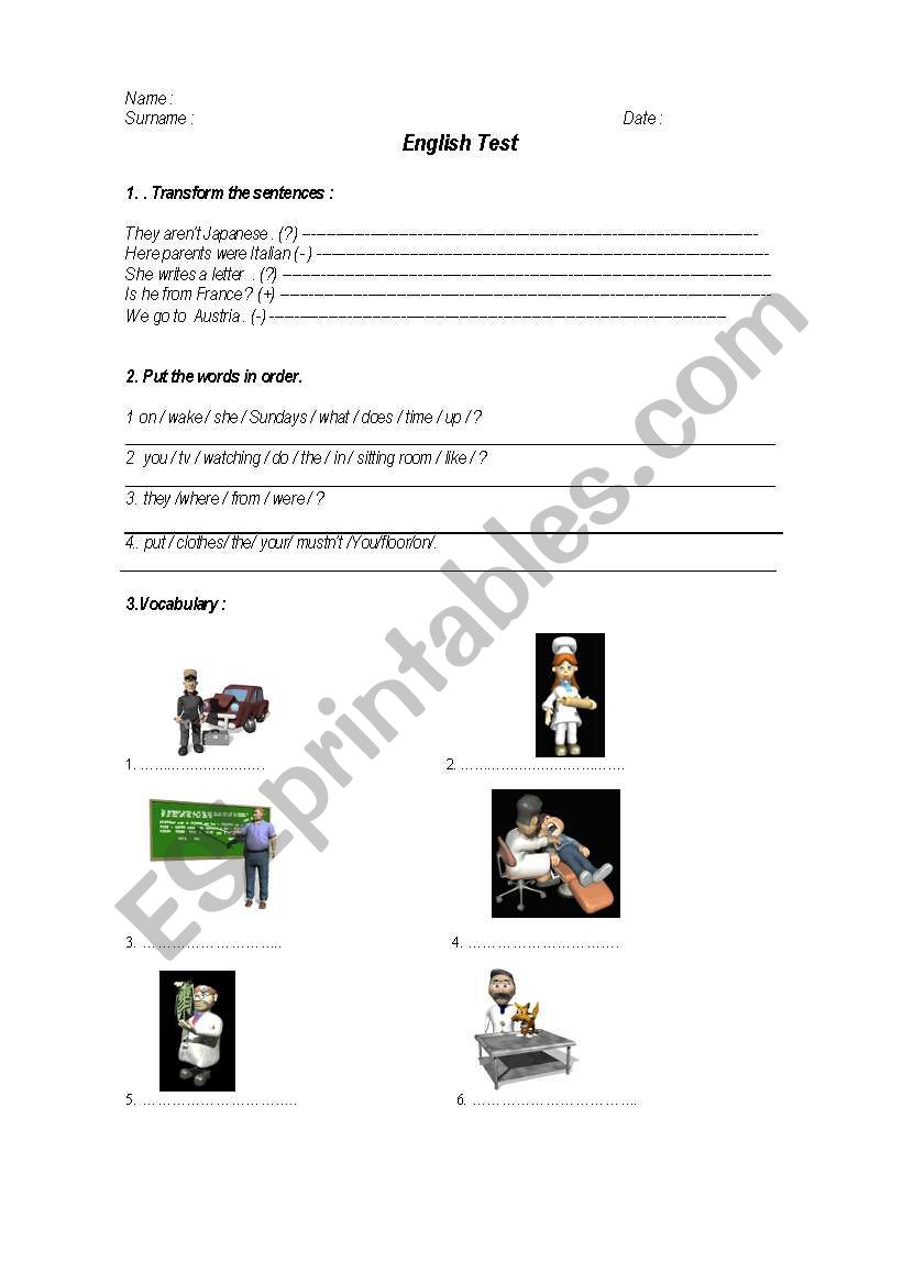 test for adults worksheet