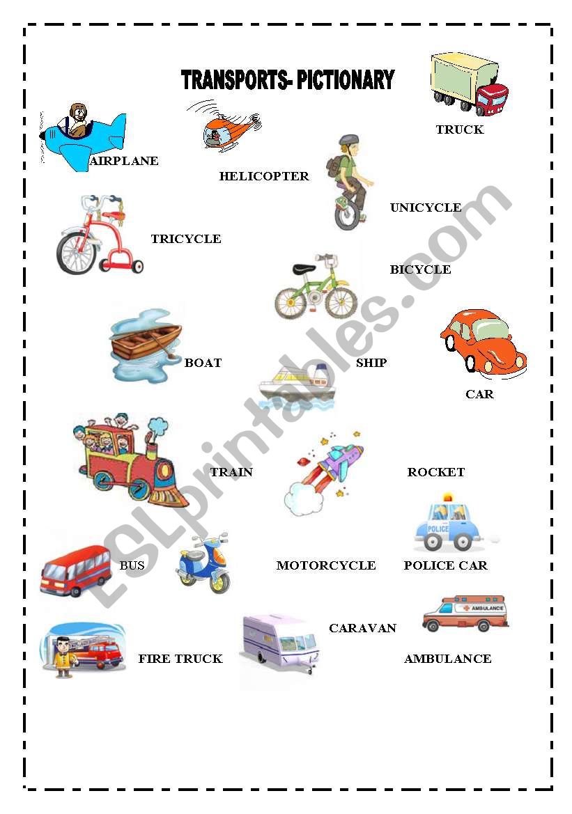 TRANSPORTS- PICTIONARY worksheet