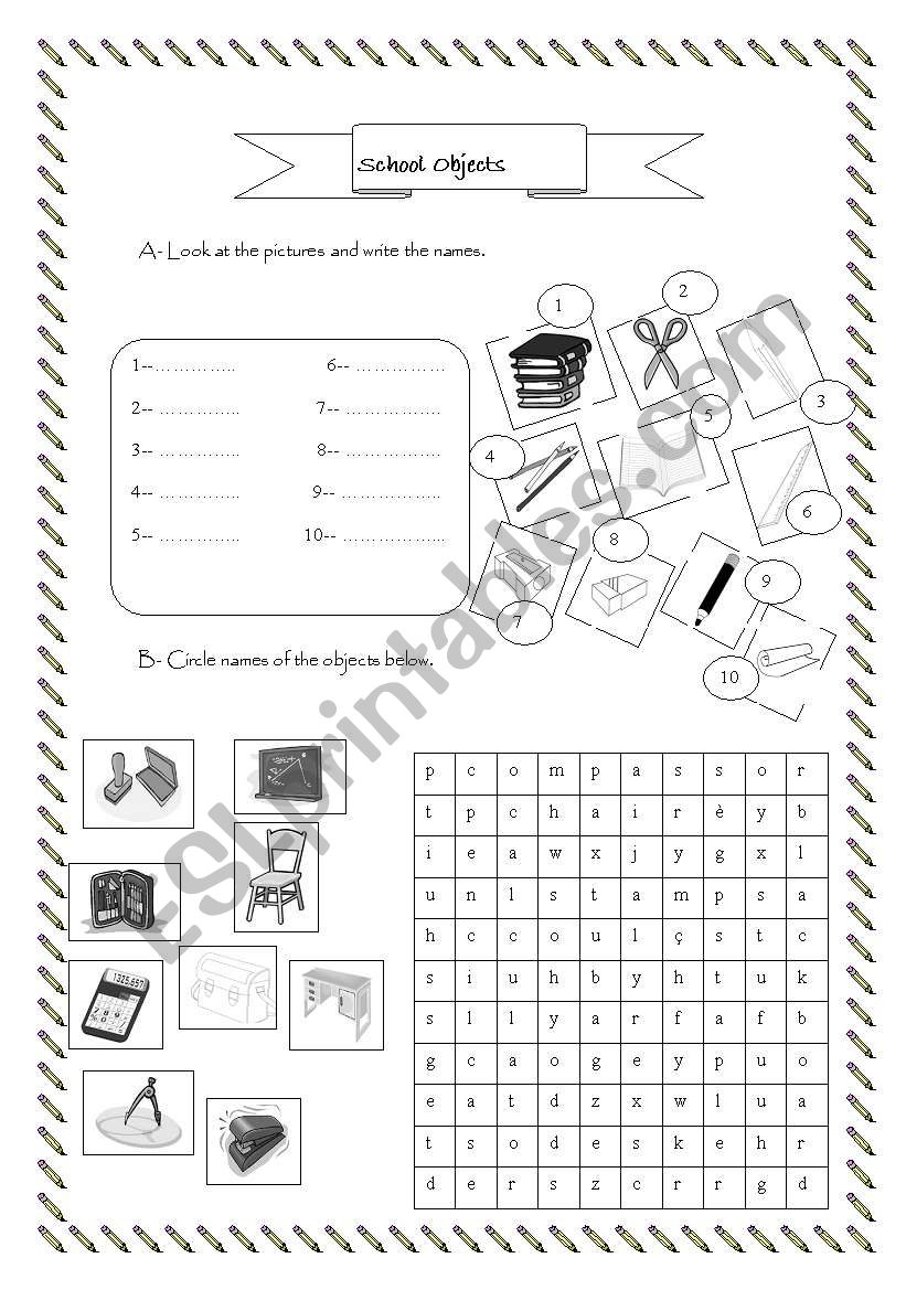 school objects worksheet