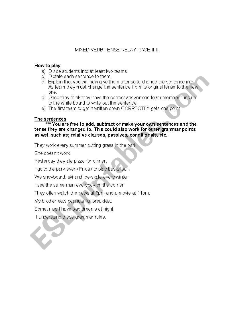 Mix Verb Tense Relay Race worksheet