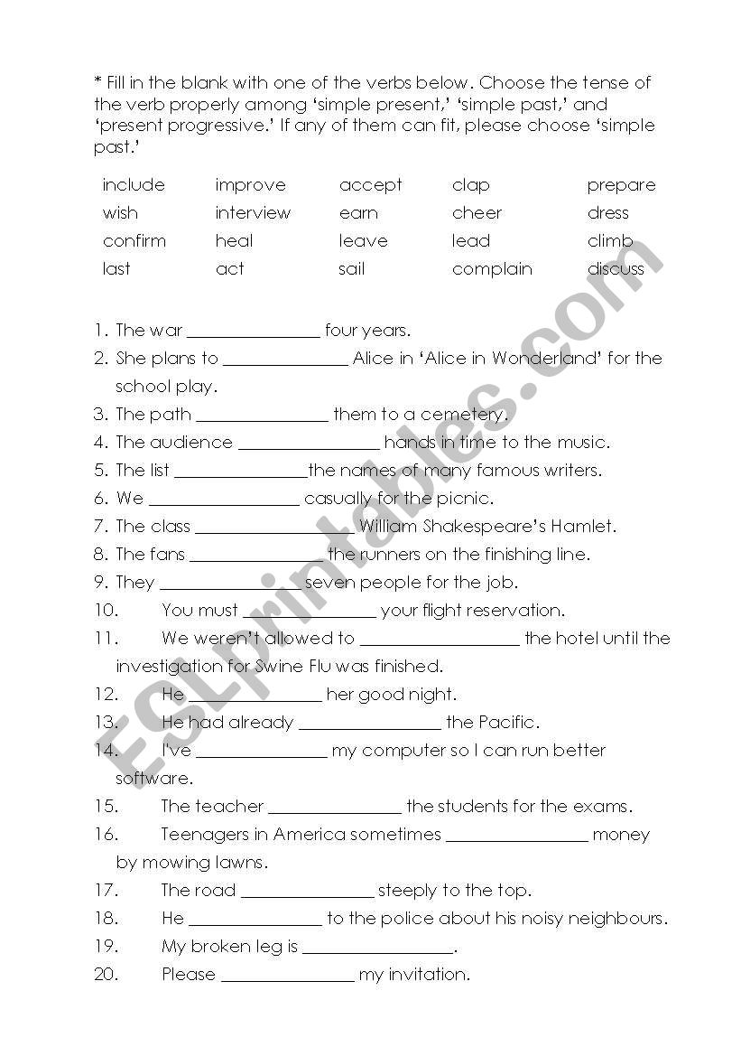 Test sheet for Verb usage(simple present, simple past, present progressive) from LONGMAN Welcome to English 6A