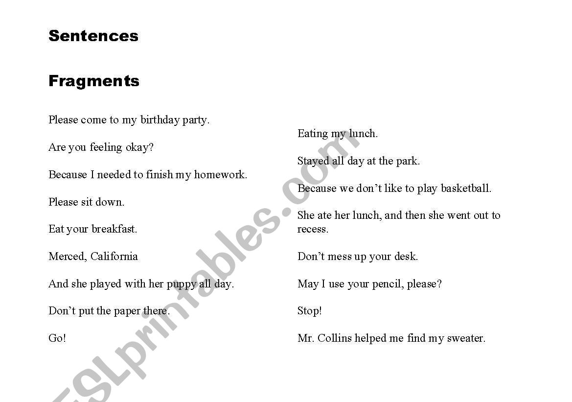 Sentence Sorting - Sentence or Fragment?