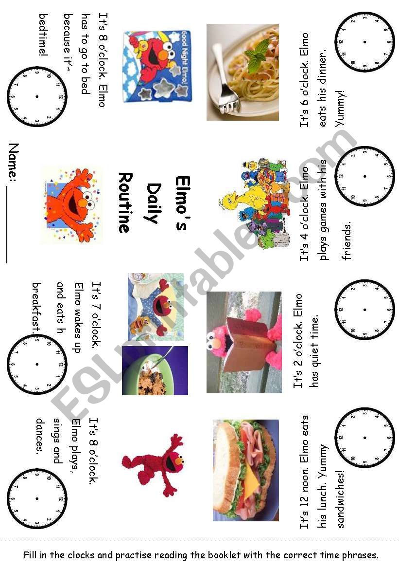 Editable Time and Daily Routines with Elmo Minibook #1 - Readings and fillin clocks