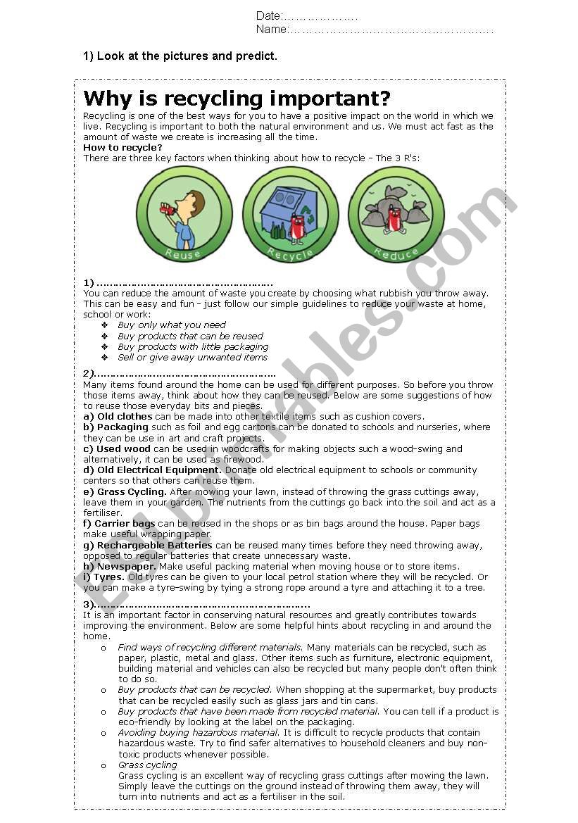 Recycling rubbish worksheet