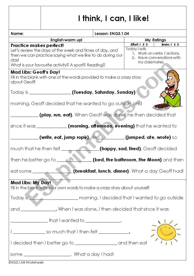 I think, I can, I like!  worksheet