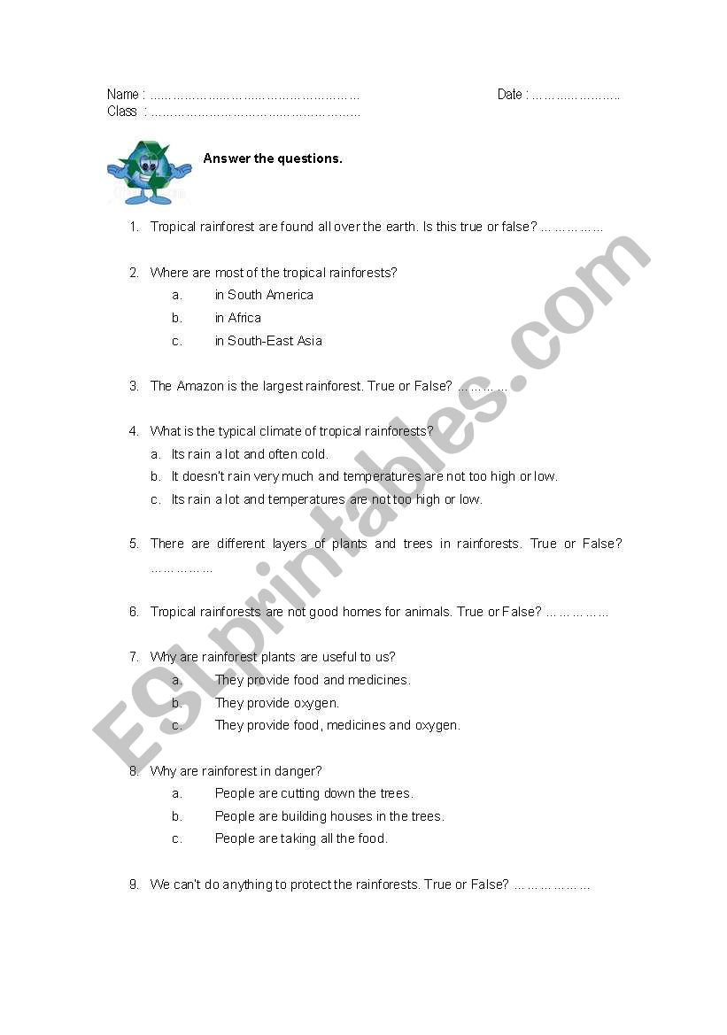 Rainforest worksheet