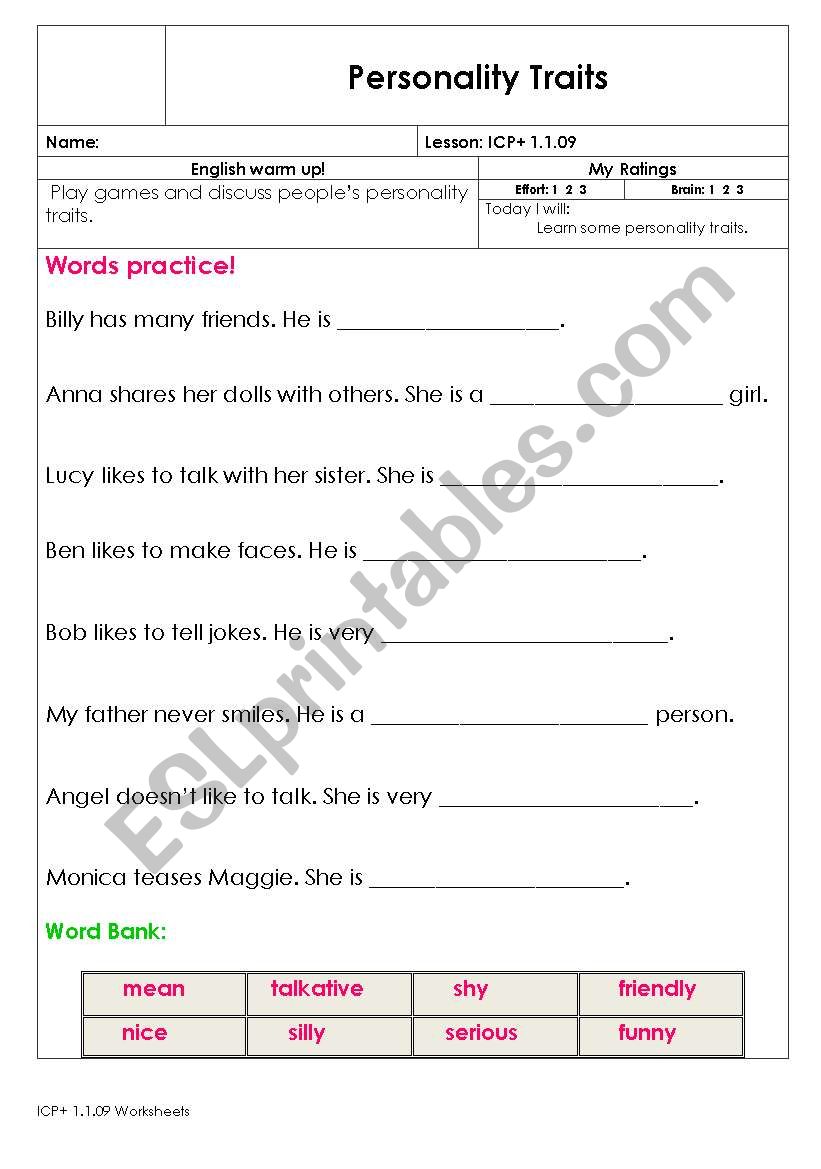 Personality Traits worksheet