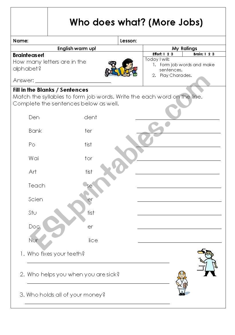 Who does what  worksheet