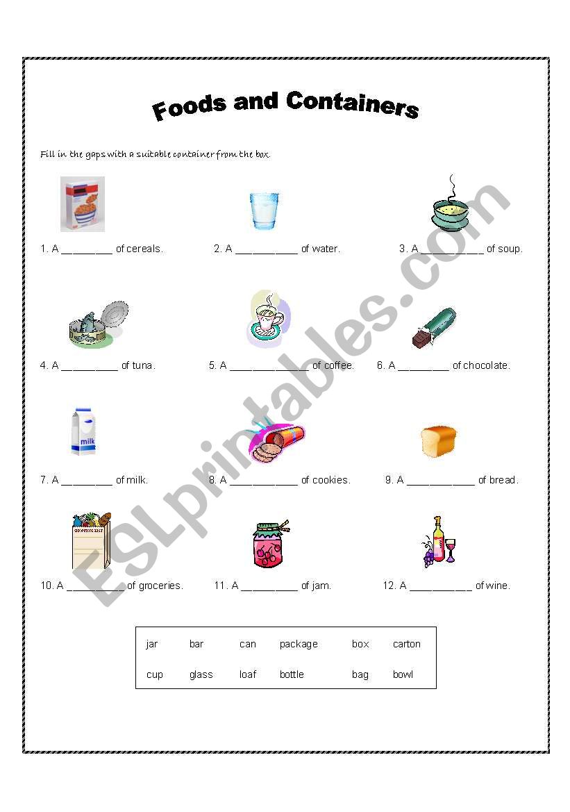 Foods and Containers worksheet