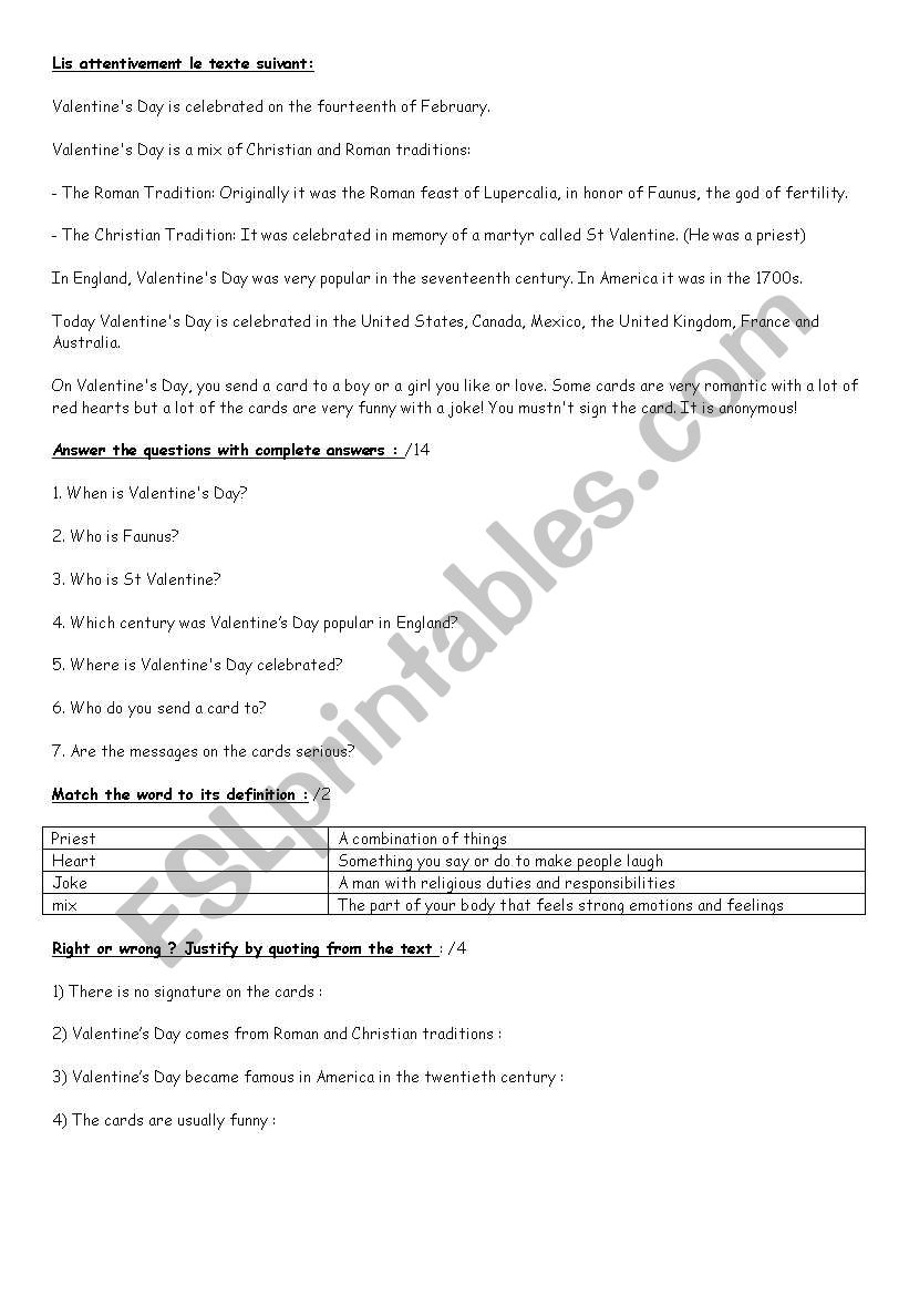 Saint Valentine worksheet