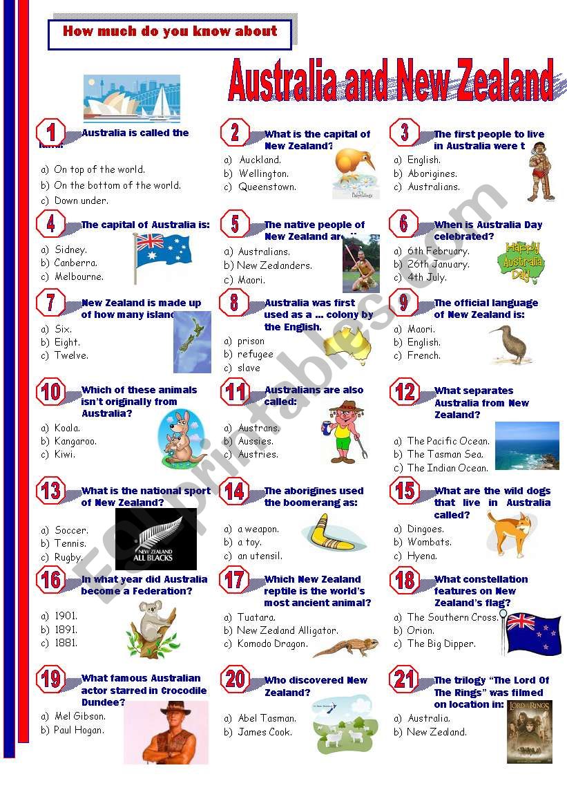 Australia and New Zealand worksheet