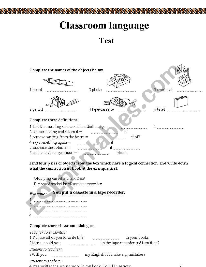 Classroom language Test worksheet