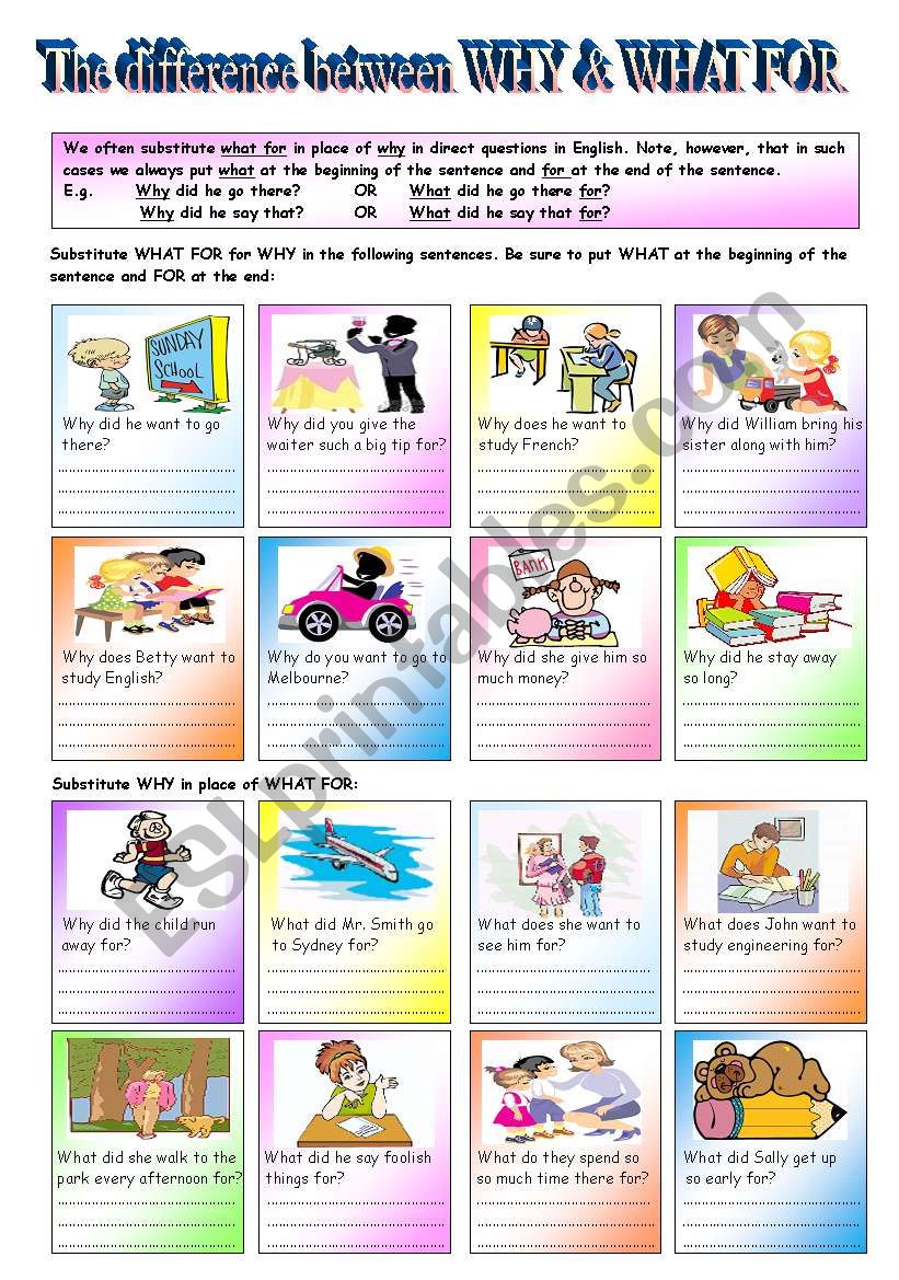 The Difference between WHY & WHAT FOR - When, why & how to use WHY & WHAT FOR - elementary - (( B&W VERSION INCLUDED ))