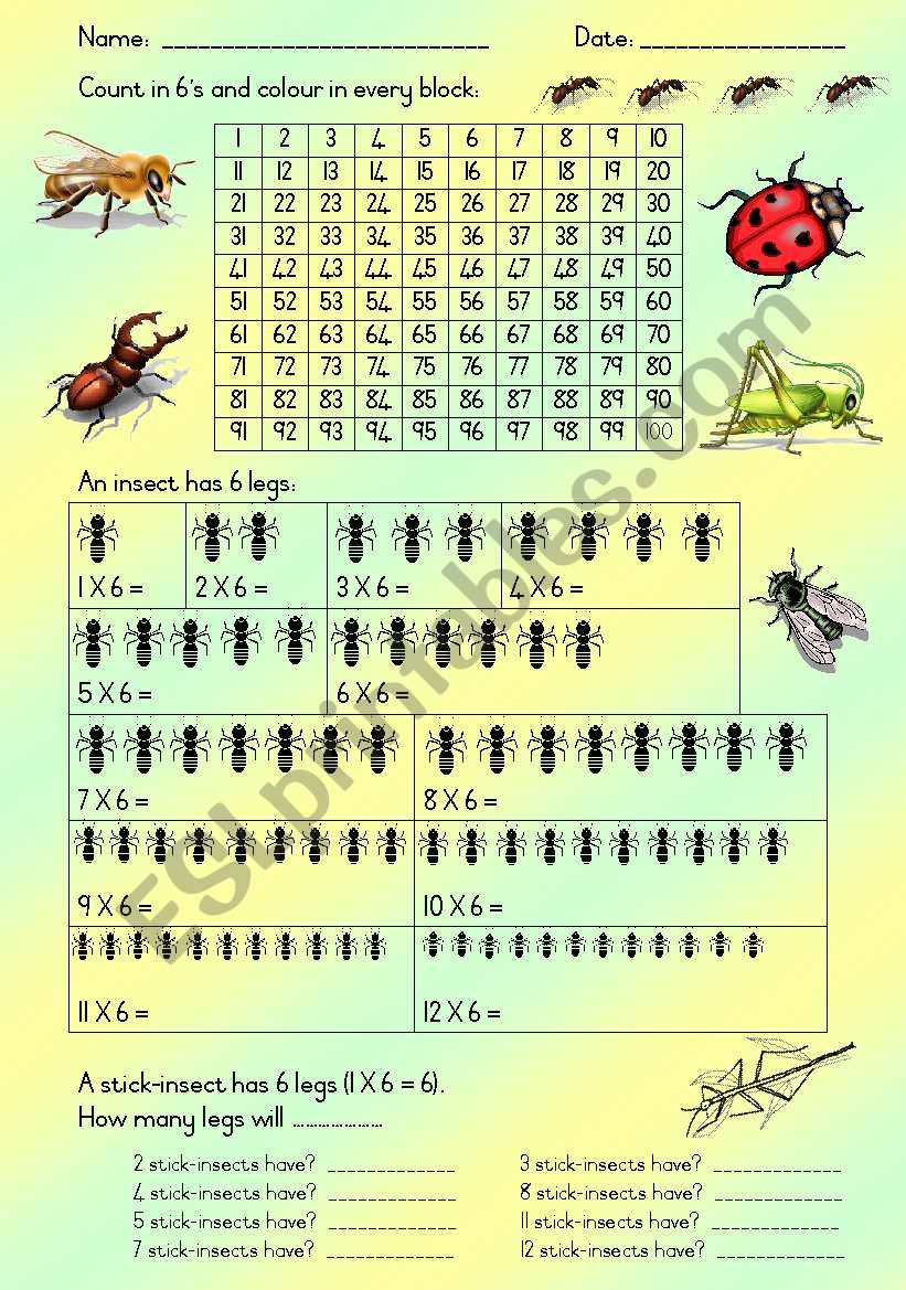 Multiples of 6 - Insects worksheet