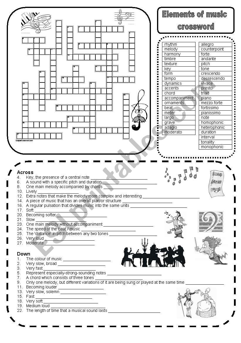 Elements of music crossword worksheet