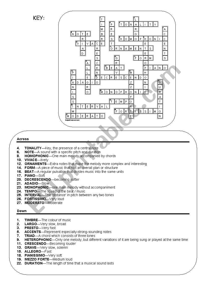 Elements of music crossword - ESL worksheet by marta v For Elements Of Music Worksheet