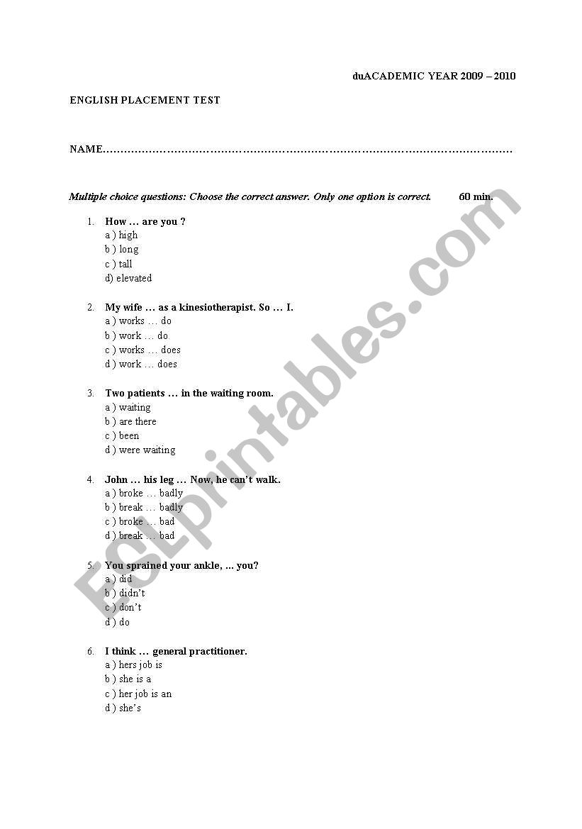 Medical English Placement Test