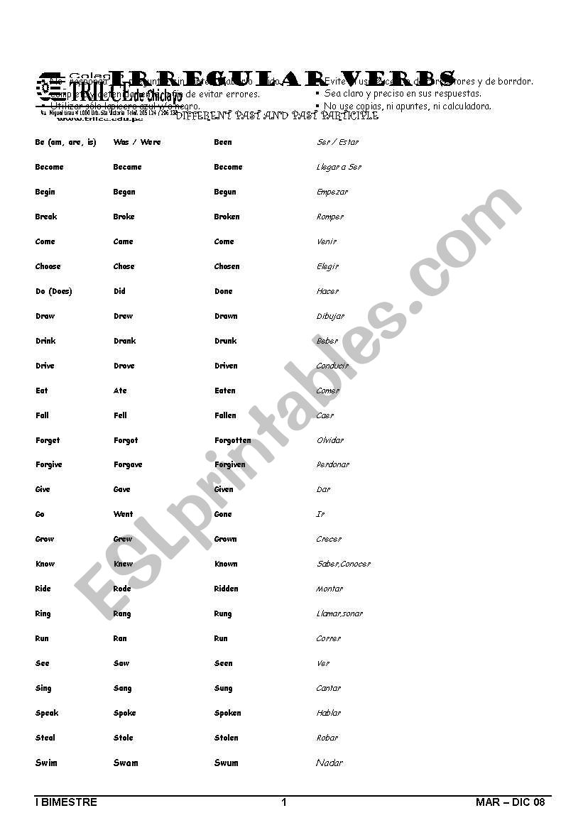irregular verbs worksheet