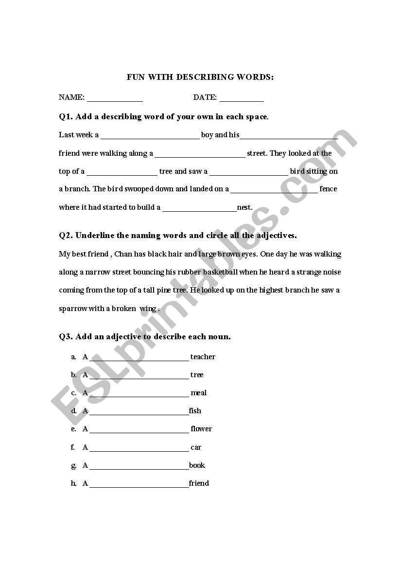 describing words worksheet