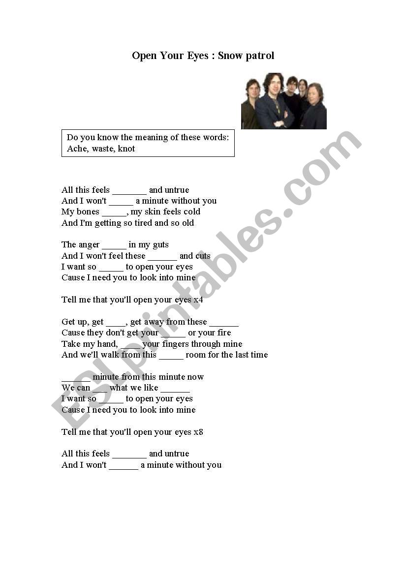 Open your eyes (snow patrol) worksheet