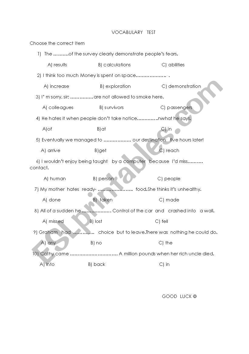 vocabulary test worksheet