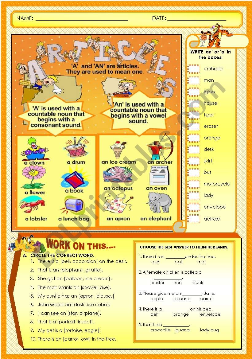 ARTICLES worksheet