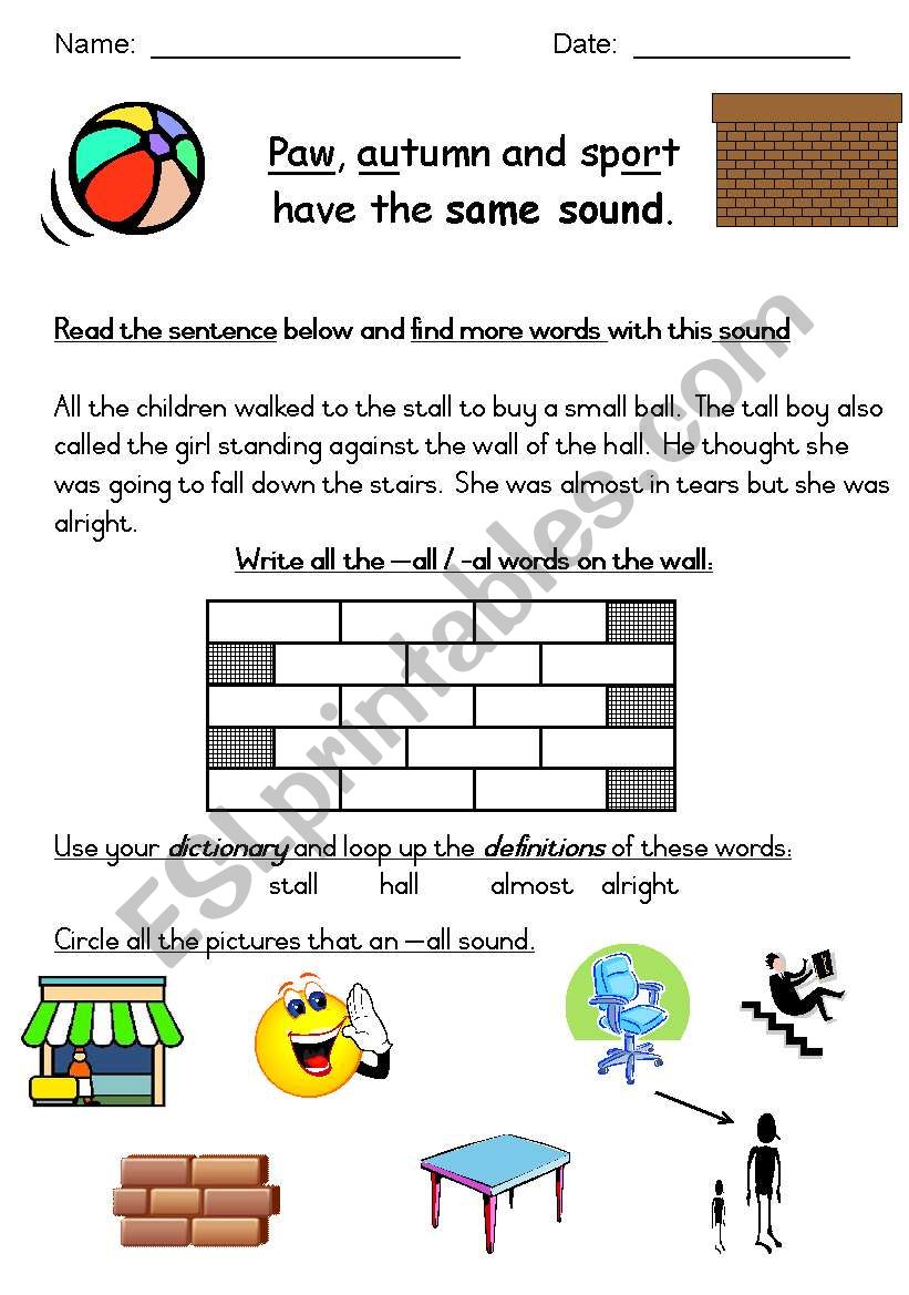 Phonics - all and -al words worksheet