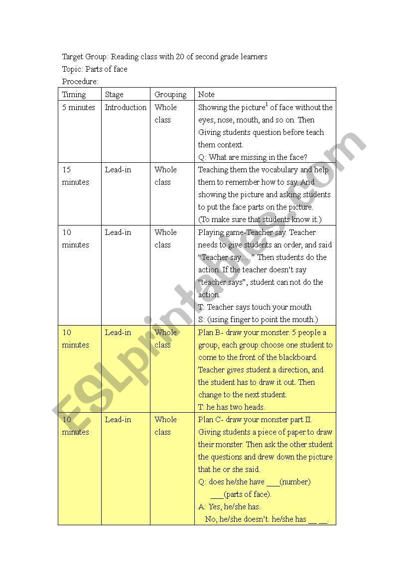 teaching steps of face parts worksheet