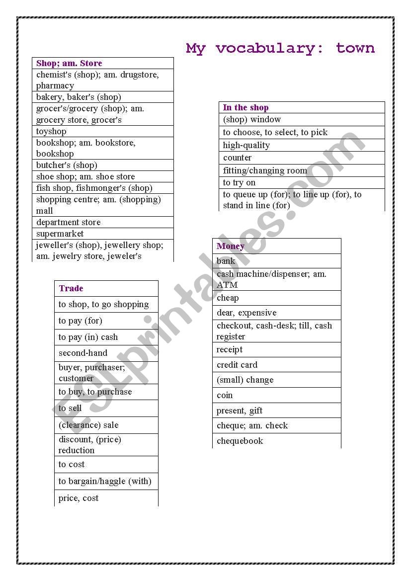 My vocabulary: town worksheet