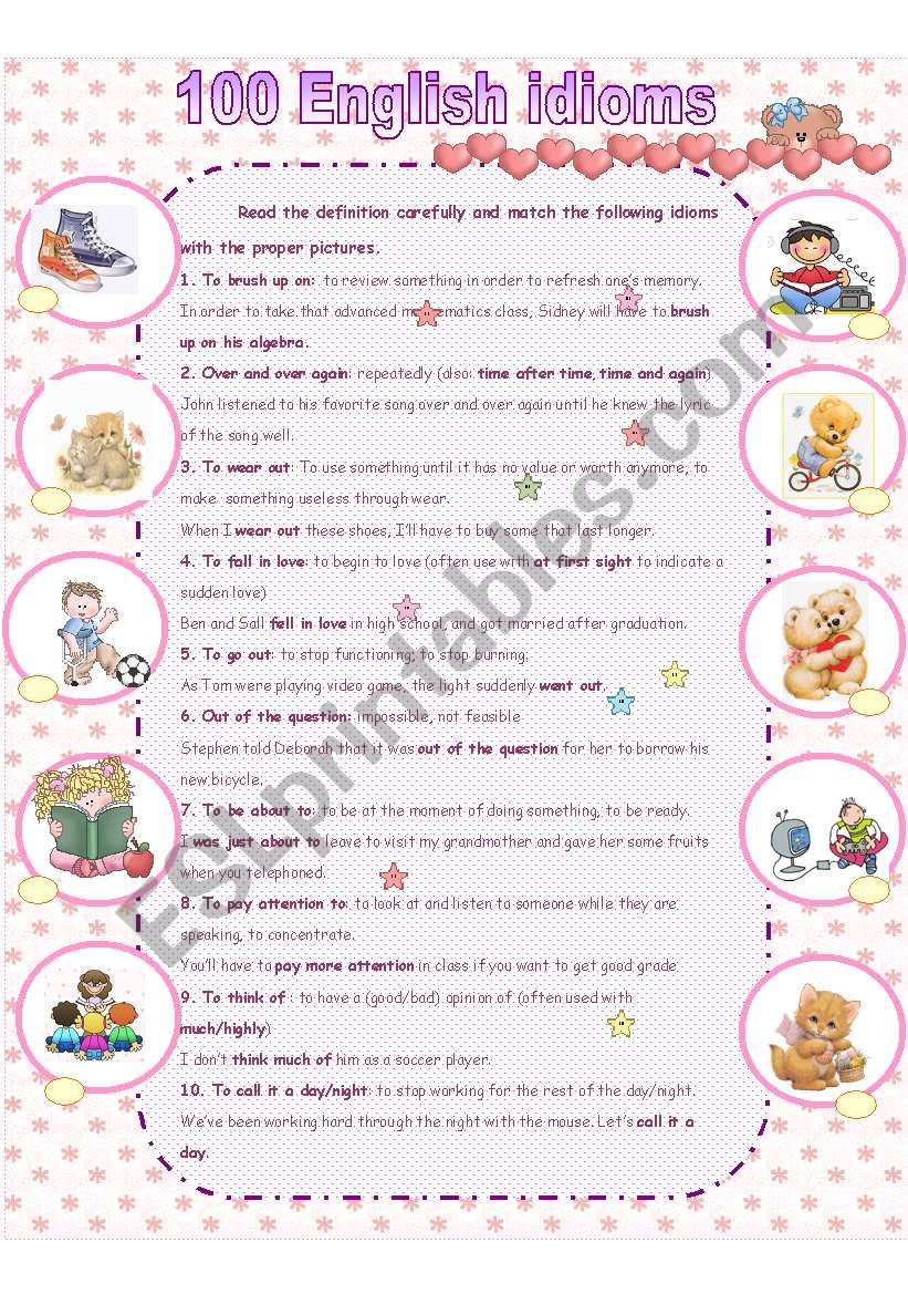 100 Essential idioms part1 worksheet