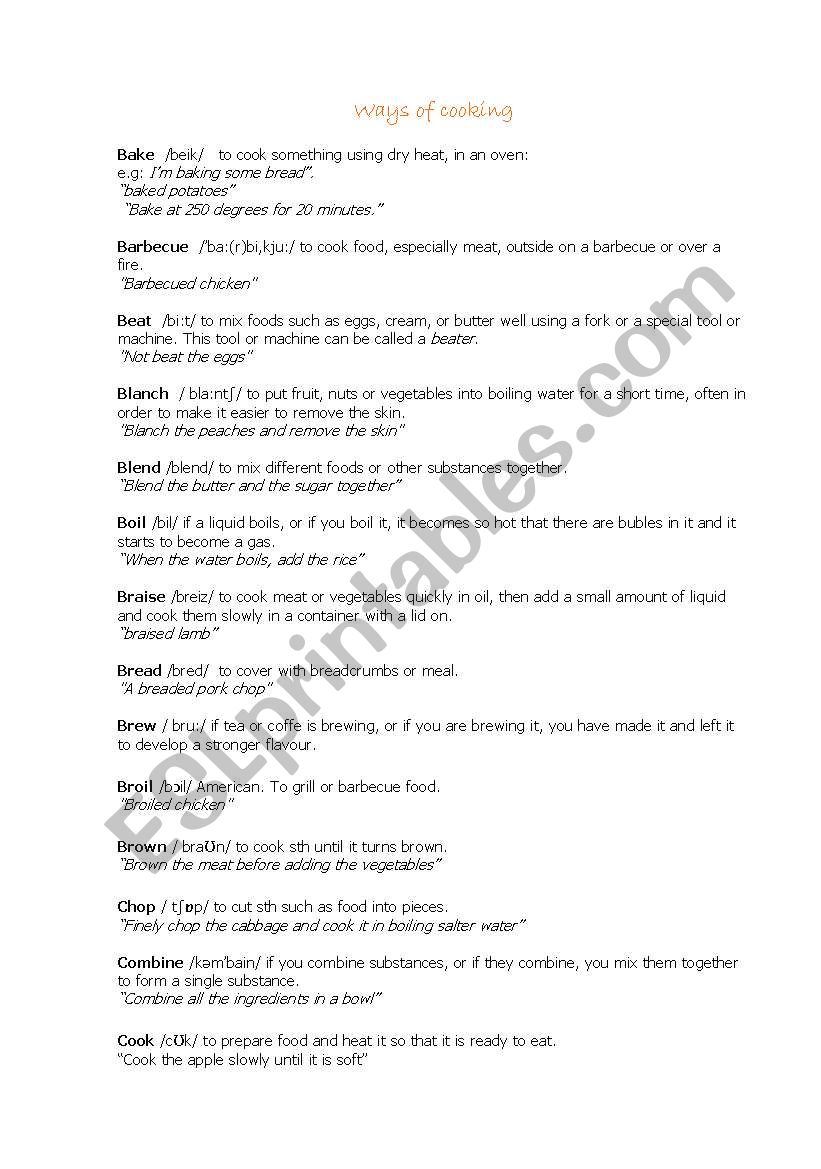 Ways of cooking worksheet