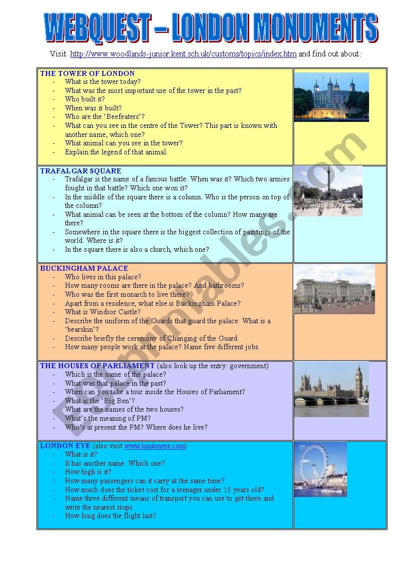 London monuments - webquest worksheet