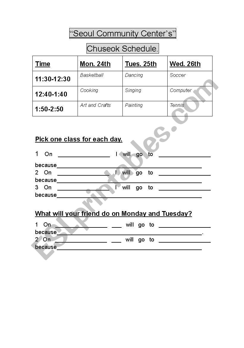 Schedule for community certre worksheet