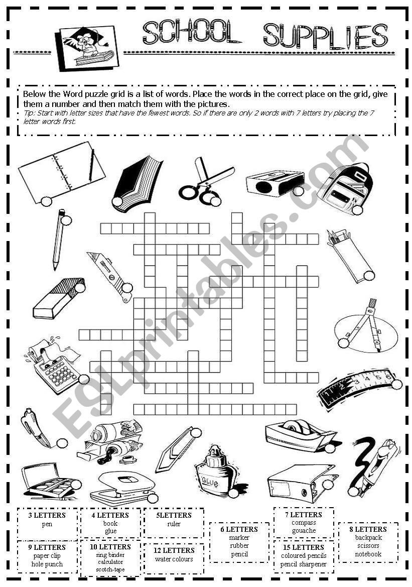 School supplies worksheet